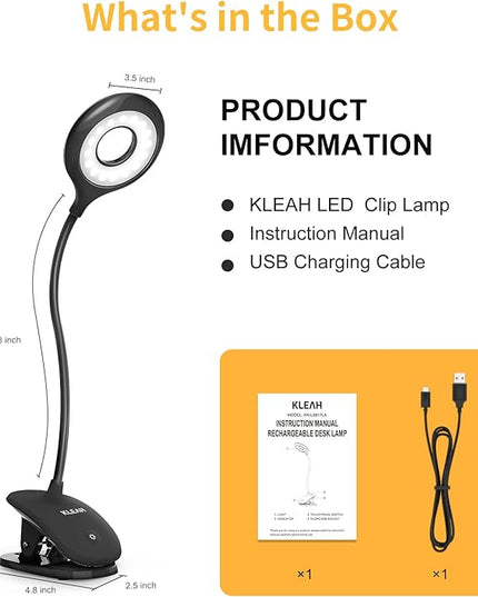 Clip on Light for Bed & Desk, Reading in Bed, Dorm, Battery Operated Rechargeable Clamp Lamp for Headboard, Eye-Caring LED Light with 3 Brightness Modes & Flexible Gooseneck (Black) - LeafyLoom