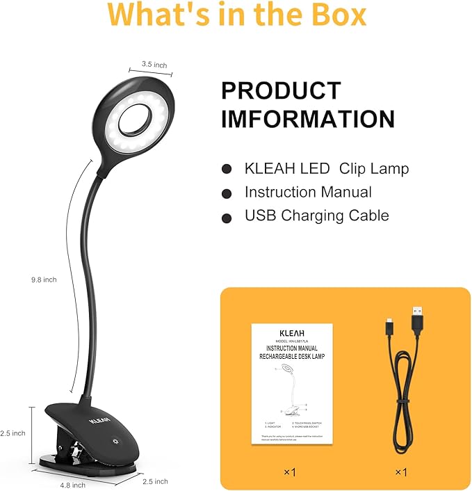 Clip on Light for Bed & Desk, Reading in Bed, Dorm, Battery Operated Rechargeable Clamp Lamp for Headboard, Eye-Caring LED Light with 3 Brightness Modes & Flexible Gooseneck (Black) - LeafyLoom