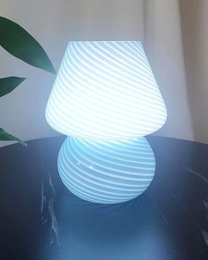 Mushroom Lamp,Glass Arctic Blue Mushroom Bedside Table Lamps Vintage Translucent Murano Style Striped Small Nightstand Desklamp Swirl Light for Home Decor, Dining, Living, Bedroom, Gift (Stripe Blue) - LeafyLoom