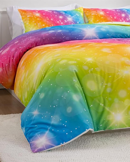 Holawakaka Girls Ombre Glitter Comforter Set, Twin Size Gradient Rainbow Galaxy Print Kids Bedding Sets, Multi-Color Ultra-Soft Dorm Bed Set (Multi-color,Twin) - LeafyLoom