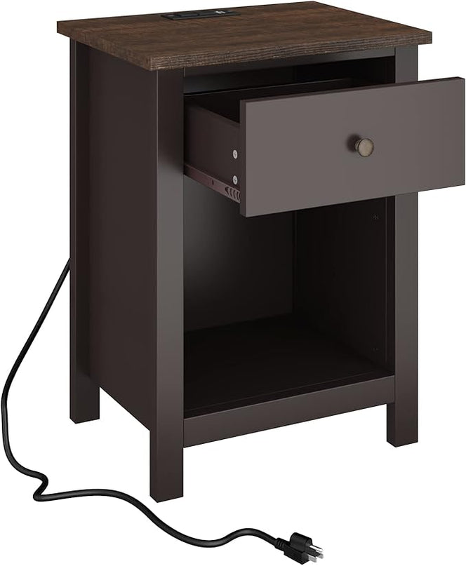 ChooChoo Nightstand with Charging Station, Wooden Top Bedside Table with Drawer and Storage Space for Bedroom, Espresso - LeafyLoom