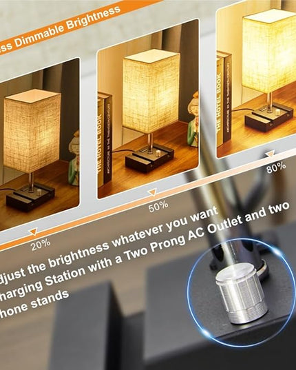 Fully Dimmable Table lamp, Lamps with Two Phone Stands and AC Outlet, Bedside Lamp with Two LED Bulb for Bedroom, Living Room,Study(Set of 2) Fabric - LeafyLoom