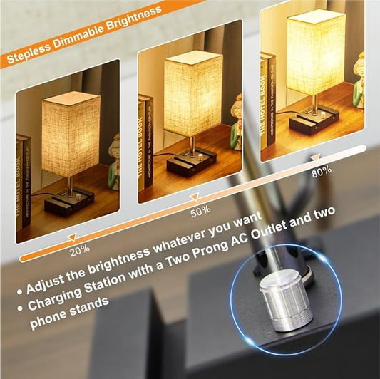 Fully Dimmable Table lamp, Lamps with Two Phone Stands and AC Outlet, Bedside Lamp with Two LED Bulb for Bedroom, Living Room,Study(Set of 2) Fabric - LeafyLoom