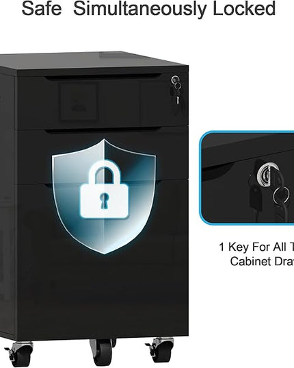 ChooChoo High Glossy File Cabinet with Lock,3 Drawer Rolling Filing Cabinet Fits Legal Size/A4/Letter, Under Desk File Cabinet with Hook for Home Office, Black - LeafyLoom