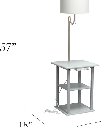 Simple Designs LF2016-GRY 57" Modern 2 Tier End Table Floor Lamp Combination with 2 x USB Charging Ports & Power Outlet with White Drum Fabric Shade for Bedroom, Living Room, Office, Gray - LeafyLoom