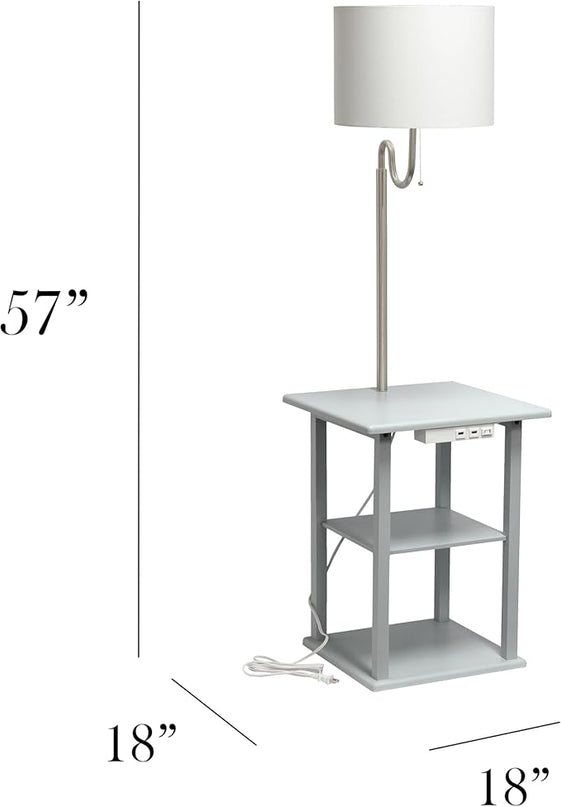 Simple Designs LF2016-GRY 57" Modern 2 Tier End Table Floor Lamp Combination with 2 x USB Charging Ports & Power Outlet with White Drum Fabric Shade for Bedroom, Living Room, Office, Gray - LeafyLoom