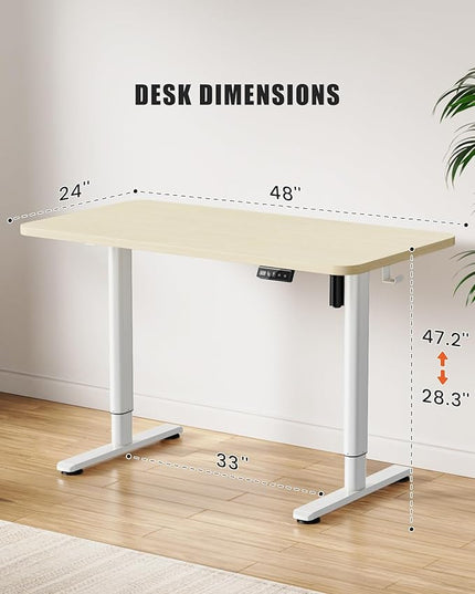 Electric Standing Desk Adjustable Height Stand Up Desk, 48" x 24" Sit Stand Desk, Low Noise Home Office Desk, Computer Desk with Whole-Piece Board, Child Lock & Memory Function, Maple - LeafyLoom