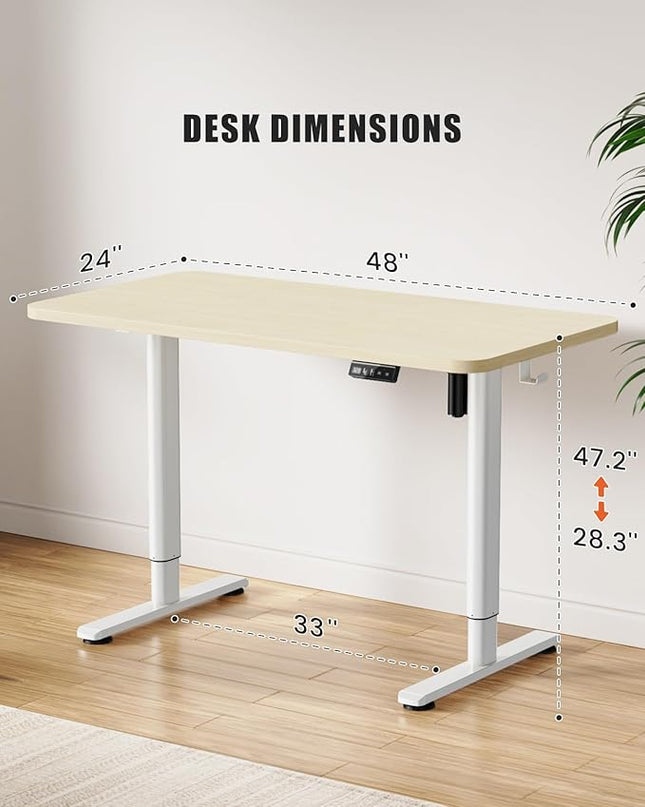 Electric Standing Desk Adjustable Height Stand Up Desk, 48" x 24" Sit Stand Desk, Low Noise Home Office Desk, Computer Desk with Whole-Piece Board, Child Lock & Memory Function, Maple - LeafyLoom