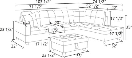 ROOMTEC 3 Piece L Shaped Sectional Sofa Set with Storage Ottoman, Right Facing Chaise Longue, Reversible Backrest w/ 2 Cup Holders, Lint Tufted Cushions, for Living Room, Dark Blue and Brown - LeafyLoom