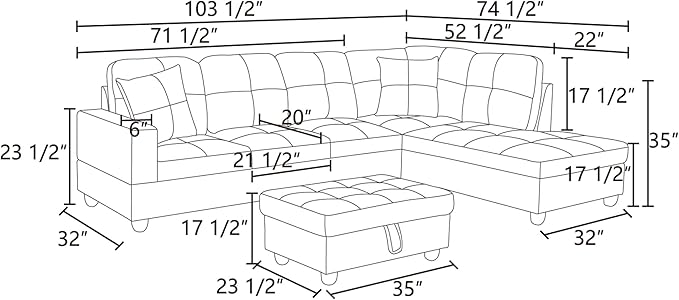 ROOMTEC 3 Piece L Shaped Sectional Sofa Set with Storage Ottoman, Right Facing Chaise Longue, Reversible Backrest w/ 2 Cup Holders, Lint Tufted Cushions, for Living Room, Dark Blue and Brown - LeafyLoom