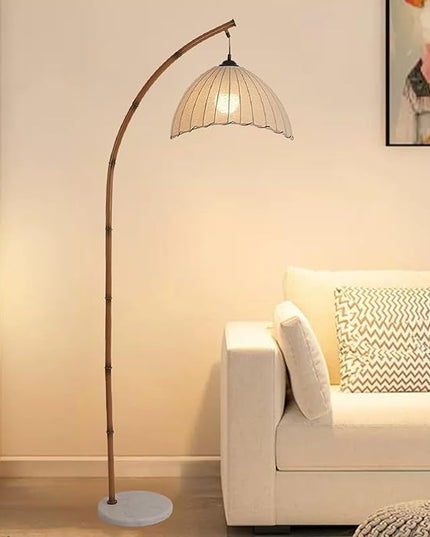Retro Floor Lamp Unique Bamboo Color Floor lamp Bohemian Hanging Arc Floor Lamp with Antique Rattan Style Vertical Standing tall Lamp for Bed Room Farmhouse Study Living Room Indoor decoration - LeafyLoom