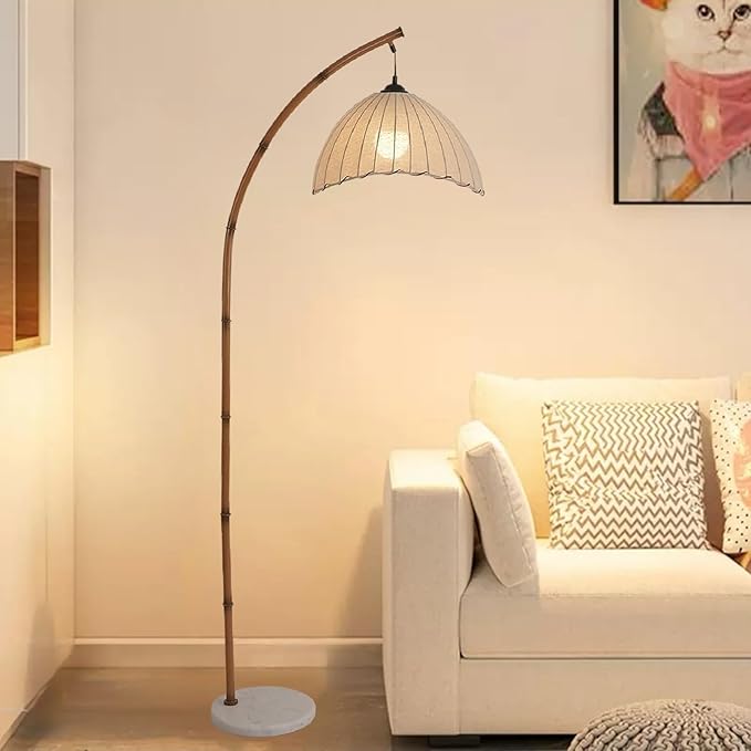 Retro Floor Lamp Unique Bamboo Color Floor lamp Bohemian Hanging Arc Floor Lamp with Antique Rattan Style Vertical Standing tall Lamp for Bed Room Farmhouse Study Living Room Indoor decoration - LeafyLoom