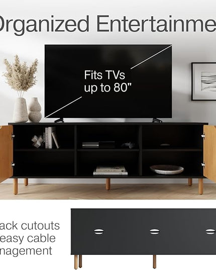 Contemporary Fluted TV Stand - Media Console - 70” Entertainment Center Console Table with Storage for Living Room - Fits 32 to 80" TVs (Black and Oak) - LeafyLoom