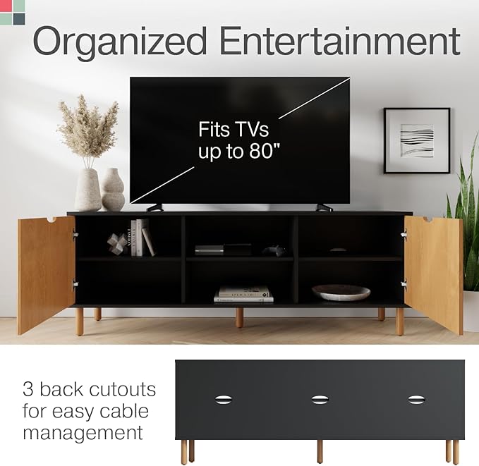 Contemporary Fluted TV Stand - Media Console - 70” Entertainment Center Console Table with Storage for Living Room - Fits 32 to 80" TVs (Black and Oak) - LeafyLoom