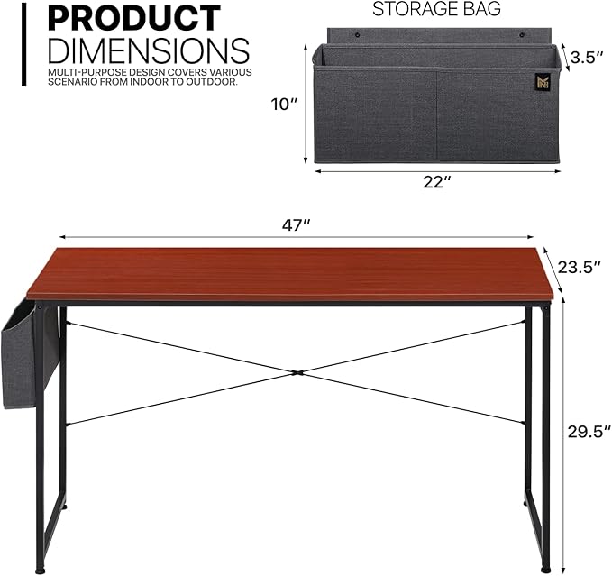 MoNiBloom Home Office Computer Desk with Storage Bag, 47" Writing Study Modern Simple Style Laptop Table, Teak Color - LeafyLoom