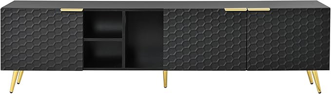 Merax Modern Minimalist Geometric TV Stand with Metal Handles and Gold Legs for Televisions Up to 80'' Multi-Functional Storage Cabinet, Entertainment Center for Living Room, 70.80" Length, Black - LeafyLoom