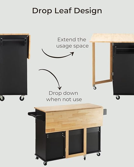 54" Large Kitchen Island Cart with Drop Leaf, Kitchen Island with Storage, Rolling Kitchen Island with Inside Cabinet, 3 Drawers, Spice Rack, Towel Rack and Wood Tabletop(Black) - LeafyLoom