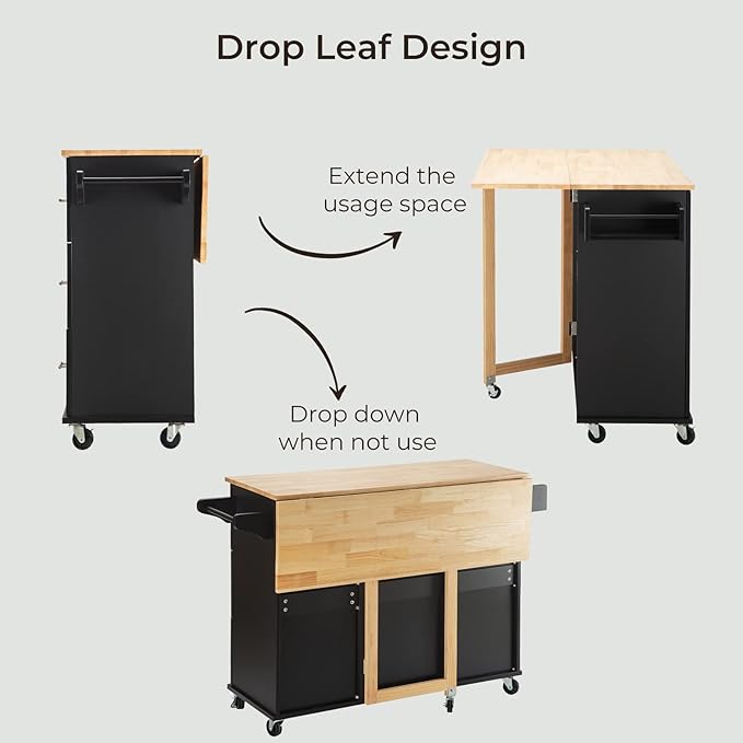 54" Large Kitchen Island Cart with Drop Leaf, Kitchen Island with Storage, Rolling Kitchen Island with Inside Cabinet, 3 Drawers, Spice Rack, Towel Rack and Wood Tabletop(Black) - LeafyLoom