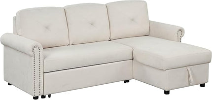 83'' L-Shape Convertible Sleeper Sectional Sofa with Storage Chaise and Pull-Out Bed, Velvet Upholstered Reversible Corner Couch w/Tufted Cushions, for Living Room, Apartment - LeafyLoom