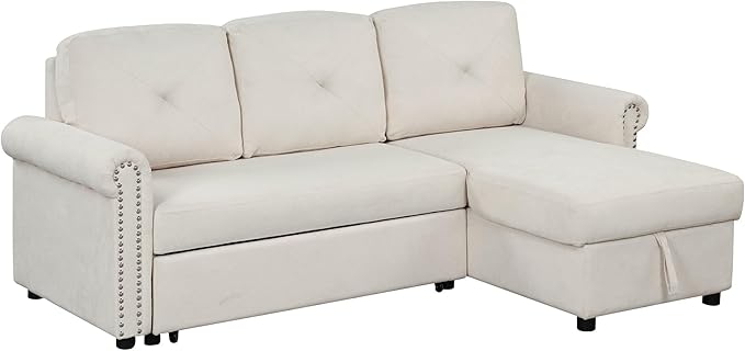 83'' L-Shape Convertible Sleeper Sectional Sofa with Storage Chaise and Pull-Out Bed, Velvet Upholstered Reversible Corner Couch w/Tufted Cushions, for Living Room, Apartment - LeafyLoom