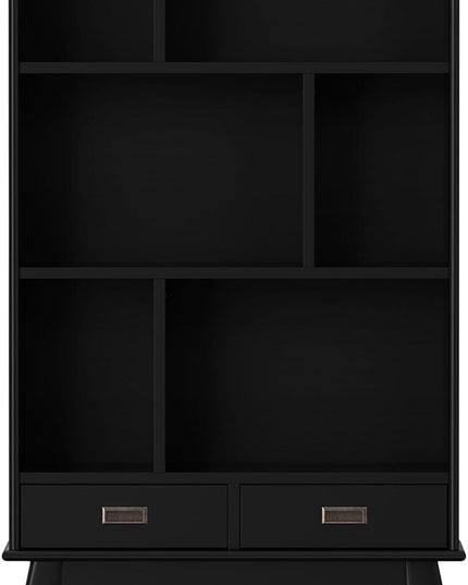 SIMPLIHOME Draper SOLID HARDWOOD 64 inch x 35 inch Mid Century Modern Wide Bookcase and Storage Unit in Black for The Living Room, Study Room and Office - LeafyLoom