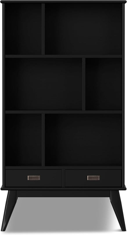 SIMPLIHOME Draper SOLID HARDWOOD 64 inch x 35 inch Mid Century Modern Wide Bookcase and Storage Unit in Black for The Living Room, Study Room and Office - LeafyLoom