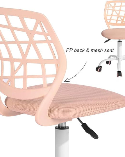 FurnitureR Desk Chair Armless Home Office Task Chair with Mesh Padded Cushion Swivel Study Chair with Rolling Wheels for Teens Child Kids Girls，Pink Plica - LeafyLoom