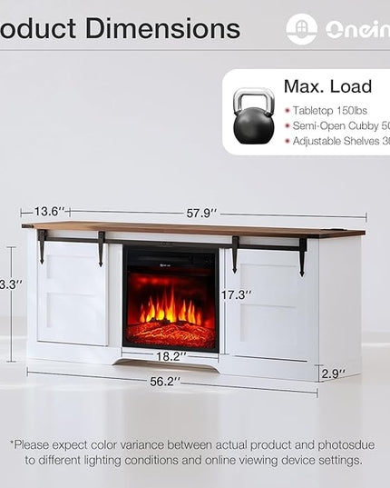 oneinmil Fireplace TV Stand with 18” Electric Fireplace, 58” TV Console Stand for TVs Up to 65", Entertainment Center, Fireplace for The Living Room TV Stand, White - LeafyLoom