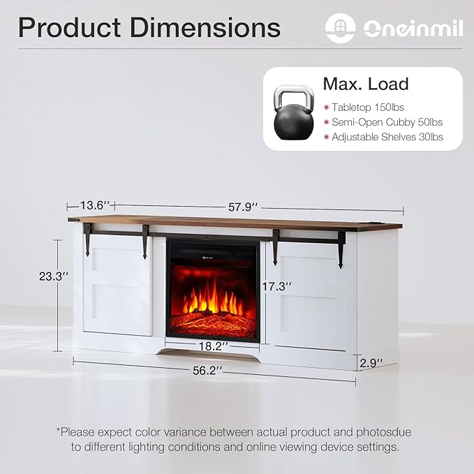oneinmil Fireplace TV Stand with 18” Electric Fireplace, 58” TV Console Stand for TVs Up to 65", Entertainment Center, Fireplace for The Living Room TV Stand, White - LeafyLoom