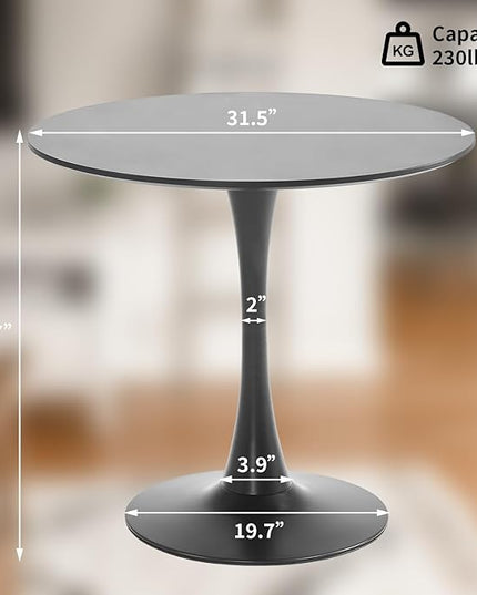 Black Round Dining Table, 31.5" Tulip Table Round Kitchen Dining Table, with 0.7" MDF Table Top and Metal Pedestal Base, Mid-Century Table Leisure for Cafe, Home, Dining Room, Kitchen - LeafyLoom