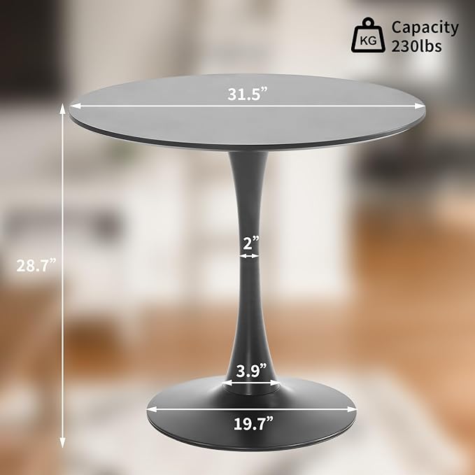 Black Round Dining Table, 31.5" Tulip Table Round Kitchen Dining Table, with 0.7" MDF Table Top and Metal Pedestal Base, Mid-Century Table Leisure for Cafe, Home, Dining Room, Kitchen - LeafyLoom