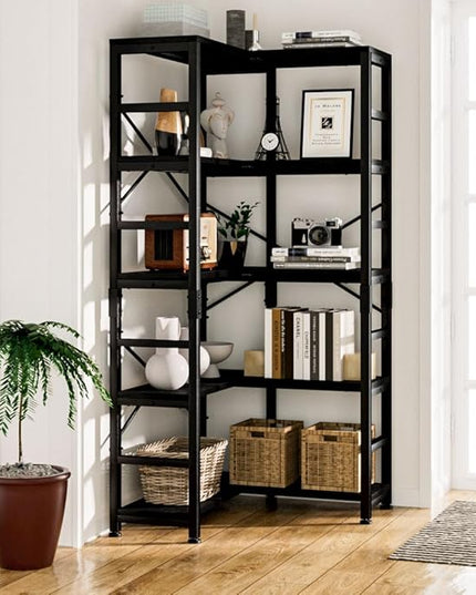 NUMENN 5 Tier Corner Bookshelf, Modern Corner Bookcase, Large Open Shelf Bookcase, Tall Bookshelves Storage Display Rack for Bedroom, Living Room and Home Office, Black - LeafyLoom