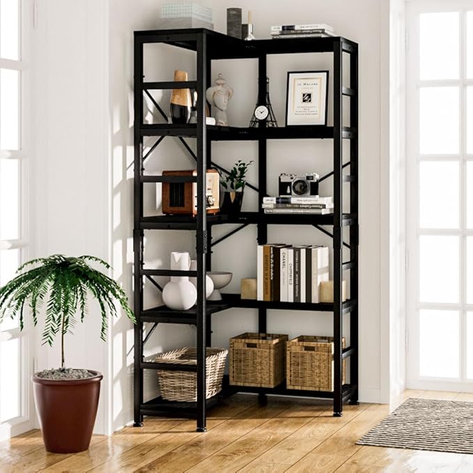 NUMENN 5 Tier Corner Bookshelf, Modern Corner Bookcase, Large Open Shelf Bookcase, Tall Bookshelves Storage Display Rack for Bedroom, Living Room and Home Office, Black - LeafyLoom