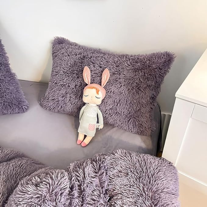 Faux Fur Kid Girls Purple Comforter Sets Queen - 3PC Bed Set Warm Comfortable Soft Plush Flannel Velvet Fluffy Fuzzy Bedding（Comforter x 1 Pillowcases x 2） - LeafyLoom