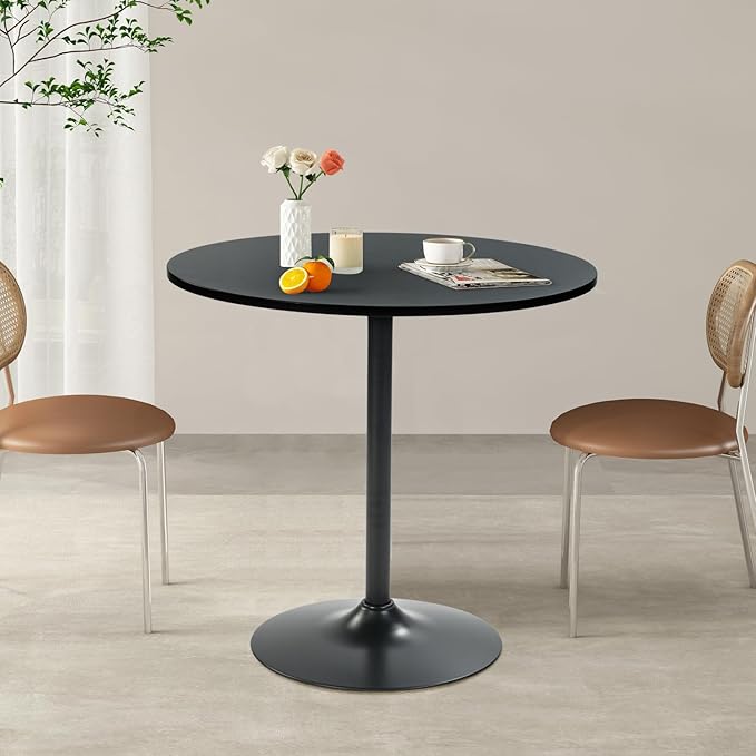 FurnitureR 31.5" Mid-Century Round Dining Table for 2-4 People with Pedestal Base for Home Office Living Room Kitchen Leisure, 31.5 inches, Black - LeafyLoom