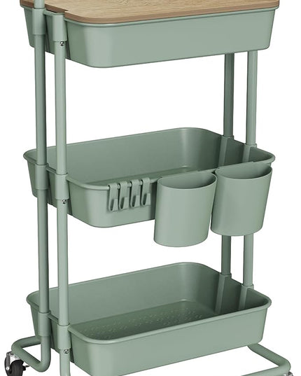 DTK 3 Tier Utility Rolling Cart with Cover Board, Rolling Storage Cart, H&le & Locking Wheels Kitchen Cart with 2 Small Baskets & 4 Hooks for Bathroom Office Balcony Living Room(Turquoise)Large - LeafyLoom