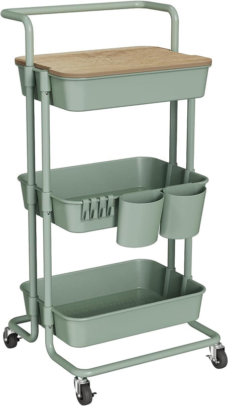 DTK 3 Tier Utility Rolling Cart with Cover Board, Rolling Storage Cart, H&le & Locking Wheels Kitchen Cart with 2 Small Baskets & 4 Hooks for Bathroom Office Balcony Living Room(Turquoise)Large - LeafyLoom