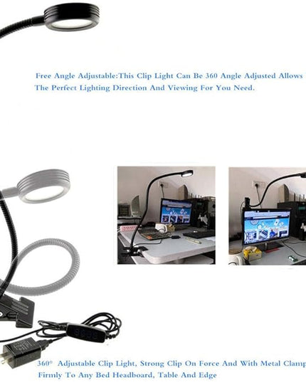 2 Pack Clamp Gooseneck LED Desk Lamp, Clip on Bendable Steel Light, C-clamp Sewing Machine Table Mount, 360degree flexible neck 3 colors 10 Level Brightness (Clamp) - LeafyLoom