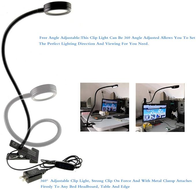 2 Pack Clamp Gooseneck LED Desk Lamp, Clip on Bendable Steel Light, C-clamp Sewing Machine Table Mount, 360degree flexible neck 3 colors 10 Level Brightness (Clamp) - LeafyLoom