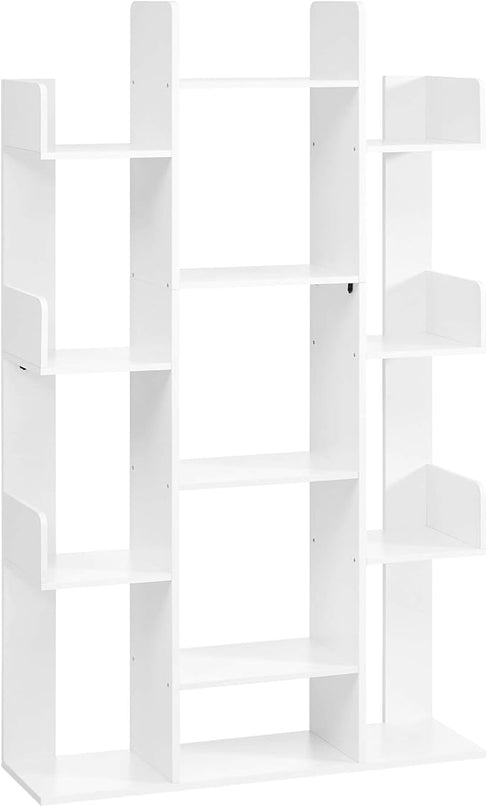 VASAGLE Bookshelf, Tree-Shaped Bookcase with 13 Storage Shelves, Rounded Corners, 9.8”D x 33.9”W x 55.1”H, White ULBC067W01 - LeafyLoom