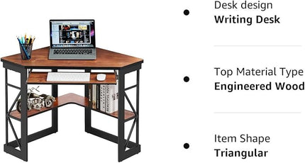 VECELO Corner Computer Desk Writing Smooth Keyboard Tray & Storage Shelves,Compact Home Office Triangle Table, Teak - LeafyLoom