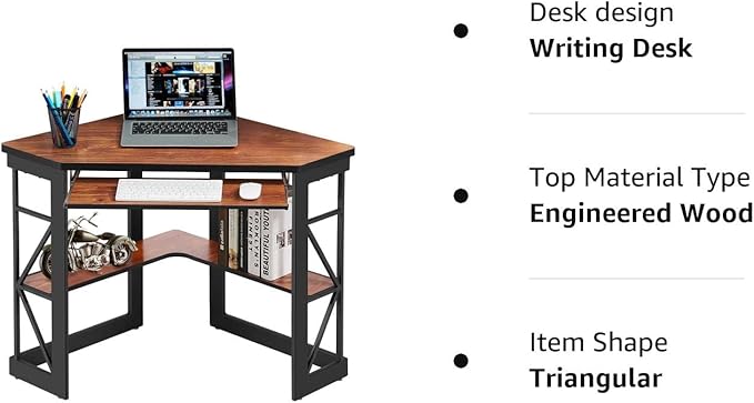 VECELO Corner Computer Desk Writing Smooth Keyboard Tray & Storage Shelves,Compact Home Office Triangle Table, Teak - LeafyLoom