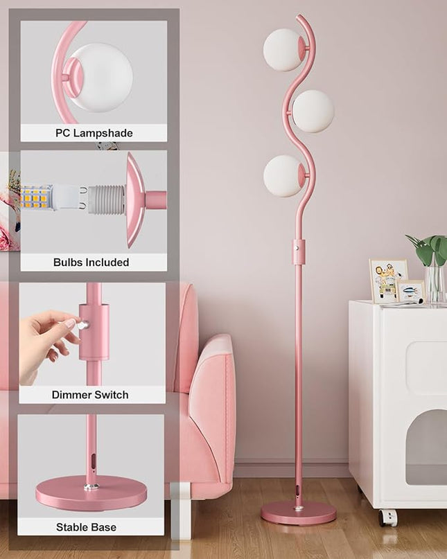 Lightdot 60IN Dimmable (Brightness Adjustable) Pink Floor Lamp, Mid Century Standing Lamps with 3 Globe Soft Warm White Eye Care 3000K Bulbs Included, Modern Tall Lamp for Bedroom Office - LeafyLoom