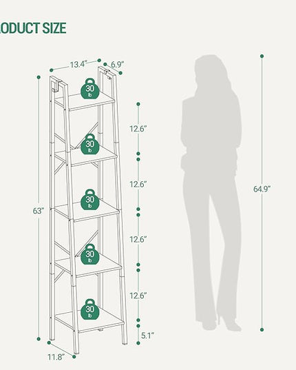 Ladder Shelf, Bookshelf Bookcase, Freestanding Corner Storage Shelve with 2 Hooks for Home Office, Living Room, Kitchen, Bedroom, Industrial, 5-Tier White Gold BC03213G - LeafyLoom