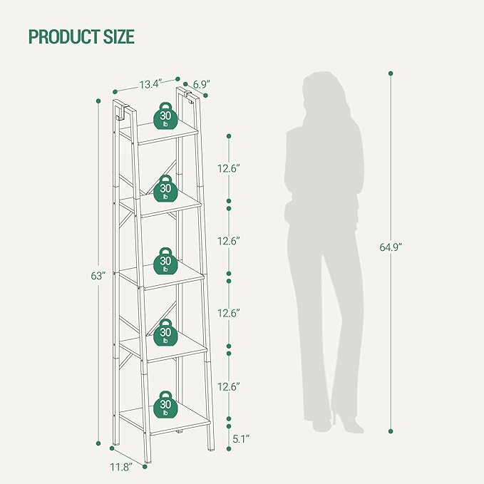Ladder Shelf, Bookshelf Bookcase, Freestanding Corner Storage Shelve with 2 Hooks for Home Office, Living Room, Kitchen, Bedroom, Industrial, 5-Tier White Gold BC03213G - LeafyLoom