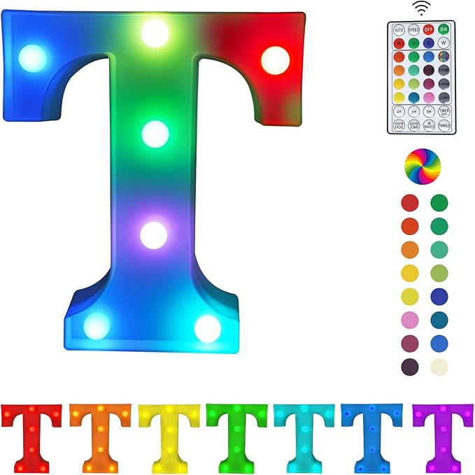 Colorful Letter LED Lights, 16 Colors Changing LED Marquee Letter Lights, Dimmable Night Lights for Wedding, Birthday, Holiday, Party, Bar, Christmas Decoration, Decor Multicolor T - LeafyLoom