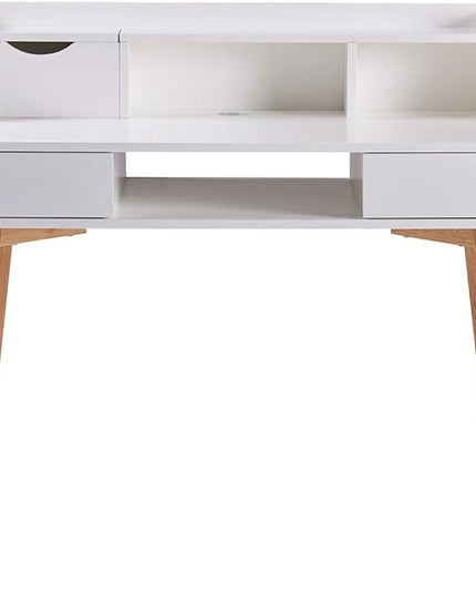 Teamson Home Creativo Writing Study Computer Desk with Solid Wood Legs, Storage Drawers and Open Shelves Hutch for Home Office Living Room Reading Bedroom, 37 inch Height, White - LeafyLoom