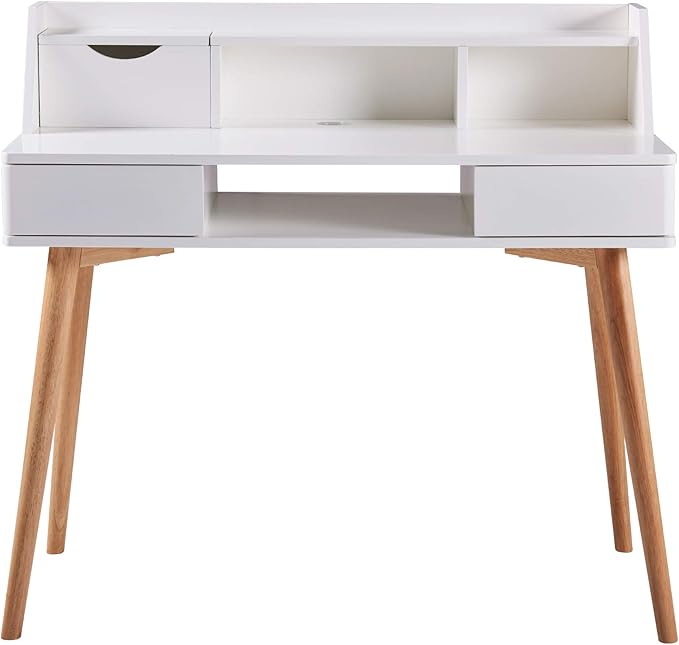 Teamson Home Creativo Writing Study Computer Desk with Solid Wood Legs, Storage Drawers and Open Shelves Hutch for Home Office Living Room Reading Bedroom, 37 inch Height, White - LeafyLoom