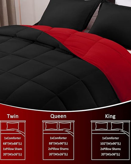 Basic Beyond King Size Comforter Set - Fluffy King Bed Comforter Set for All Seasons - Reversible Red Comforter Set King - 3 Pieces (1 Comforter + 2 Pillow Shams) - Red/Black - LeafyLoom