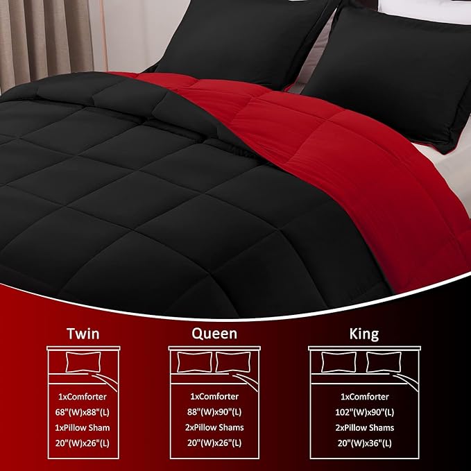 Basic Beyond King Size Comforter Set - Fluffy King Bed Comforter Set for All Seasons - Reversible Red Comforter Set King - 3 Pieces (1 Comforter + 2 Pillow Shams) - Red/Black - LeafyLoom